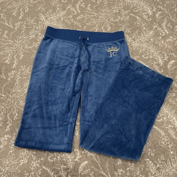 Juicy Couture Pants - Juicy Couture Crown Heritage Cotton Velour Sweatpants Rhinestones Blue LARGE